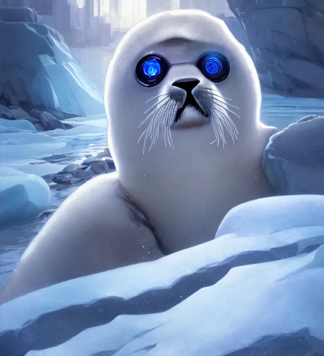 Image similar to portrait of a cyborg robot baby harp seal emerging from from an ice river, cinematic lighting, photorealistic, octane render, 8 k, depth of field, art by artgerm and greg rutkowski and alphonse mucha and uang guangjian