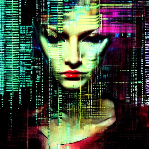 Image similar to hyperrealistic portrait of a cyberpunk woman, digital ui, by Guy Denning, Johannes Itten, Russ Mills, glitch art, hacking effects, glitch effects, digitial tech effects, cybernetics, chromatic, color blocking!, oil on canvas, concept art, abstract