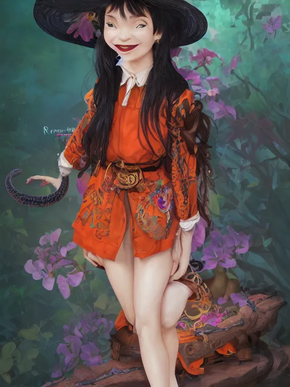 Image similar to Full shot of a cute mischievous young witch about to get up to some trouble with her playful snake familiar. Latin American fashion. Floral patterns. Black and Orange palette. Magic. Latina girl. brown skin. defined facial features, symmetrical facial features. Smiling. By Ruan Jia and Artgerm and Range Murata and WLOP and Ross Tran and William-Adolphe Bouguereau. Key Art. Fantasy Illustration. award winning, Artstation, intricate details, realistic, Hyperdetailed, 8k resolution.