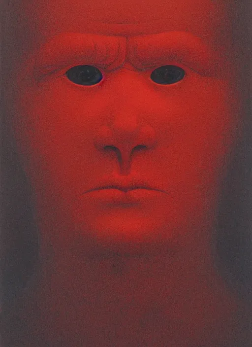 Prompt: lord loss book portrait, pale red, lumpy skin, he has very dark - round red sad eyes with even darker red pupils. tiny cracks in skin seep, symmetric lights and fog, in the style of zdzislaw beksinski, glowing light and shadow, hyperrealist, 8 k