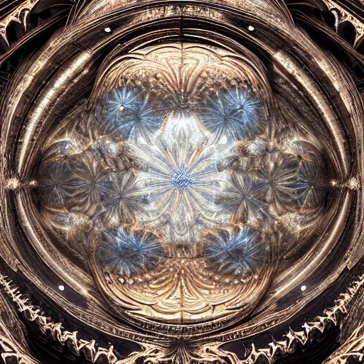 Prompt: hyperrealistic 3 d render of a massive fractal cathedral exterior populated by mandelbrot fractals by android jones, unreal engine, carved ivory, gold inlay, octane render, white gold, volumetric lighting, stark, glowing, carved, opalescent, carved soap, sacred geometry, angelic, catholicpunk, photorealism, 8 k, trending on artstation