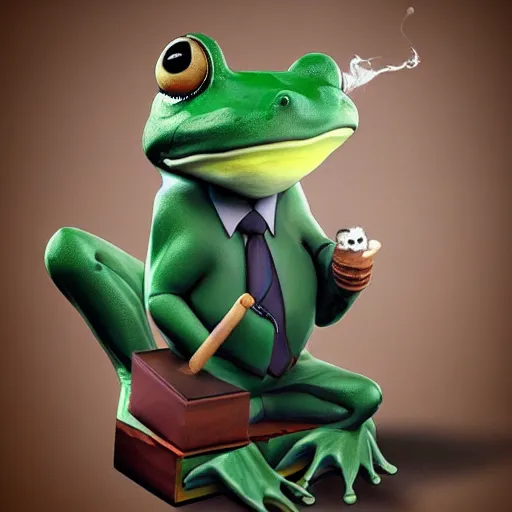 Image similar to a high quality photo of an antropomorphic frog wearing a suit smoking a cigar, 3d scene, render, ultra realistic, artstation, cgsociety