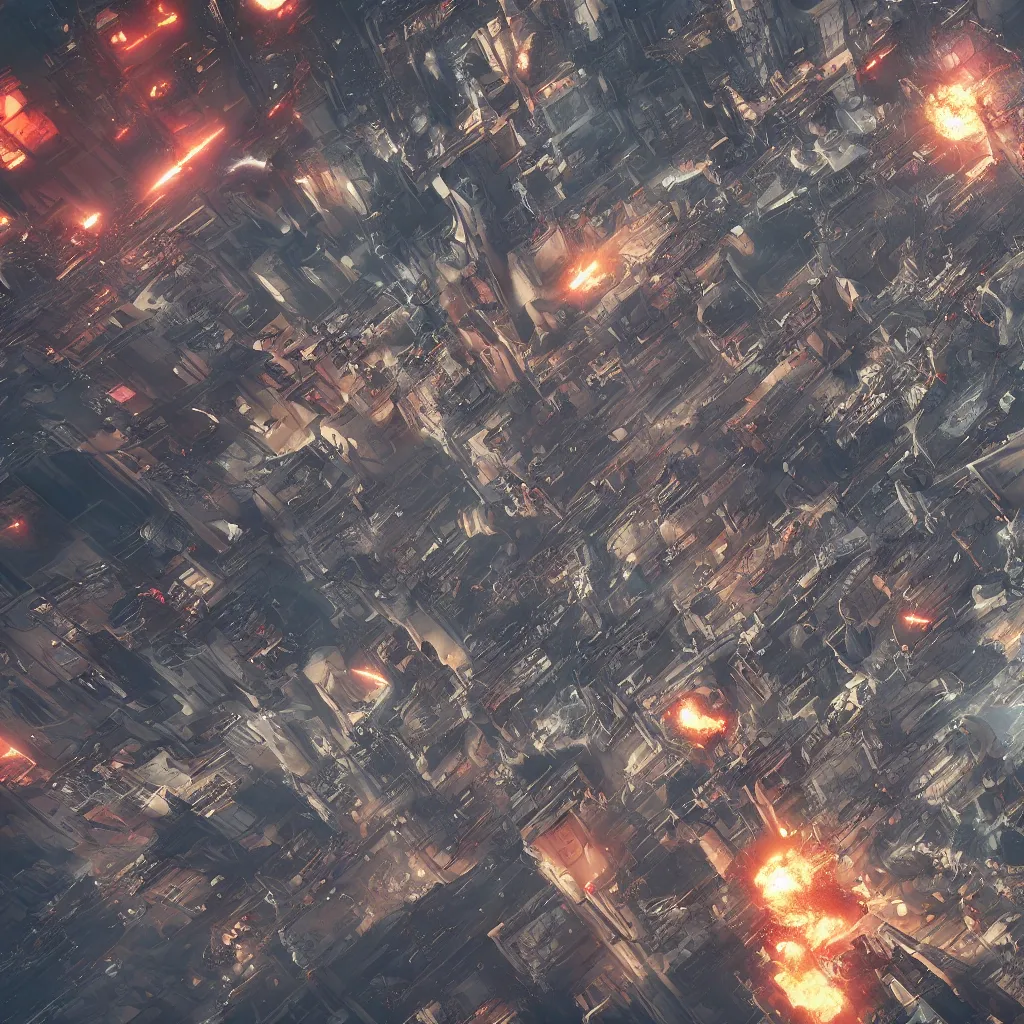 Prompt: squad of futuristic bombers, bombing a baroque cyberpunk city, explosions and fire, macro perspective, hypermaximalistic, high details, cinematic, 8k resolution, beautiful detailed, insanely intricate details, artstation trending, octane render, unreal engine