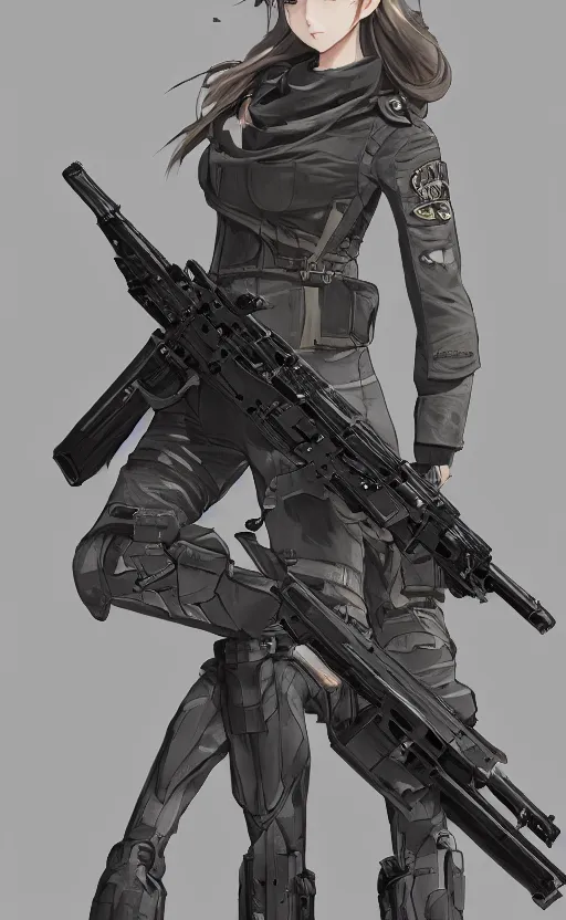 Image similar to highly detailed, high resolution, character design art, stunning, volumetric lightning, realistic guns, girls frontline style, matte, sharp focus, 130mm, illustration, artstation, by yusuke kozaki, professional result, realistic human anatomy, simple design, realistic military gear, realistic body joints