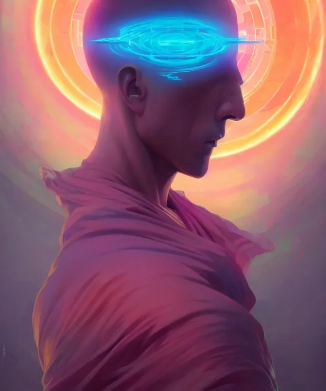 Image similar to a floating monk, meditating, wearing netrunner clothing, vaporwave aesthetic, colorful, psychedelic, digital painting, artstation, concept art, smooth, sharp focus, illustration, art by artgerm and greg rutkowski and alphonse mucha