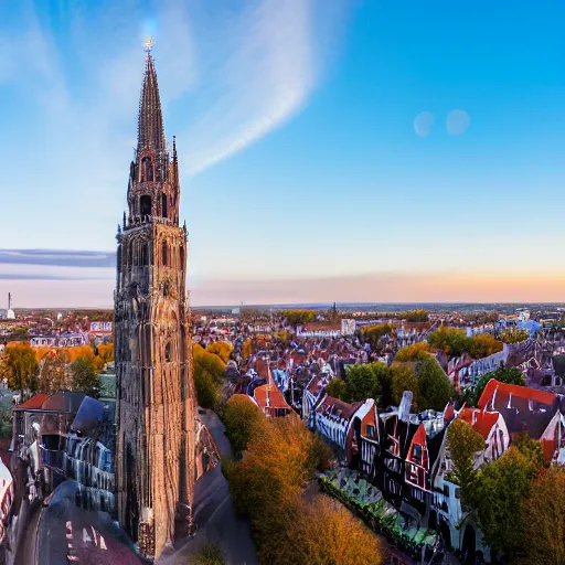 Prompt: an extremely detailed panoramic photo of the utrecht dom tower. picture taken from a high altitude at sunset with a wide angle lens. canon drone shot 5 0 mm