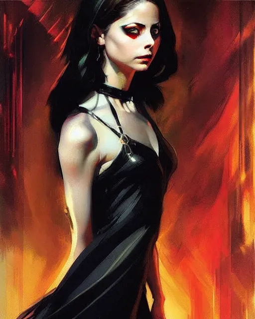 Image similar to style of dean cornwell, artgerm : : gorgeous willa holland : : evil witch, swirling black magic, black dress : : symmetrical face, symmetrical eyes : : full body pose : : gorgeous black hair : : magic lighting, low spacial lighting : :