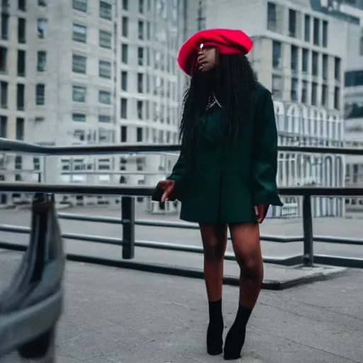 Prompt: sza with a beret in a retrofuturistic city, retro futuristic fashion, photography award winning,