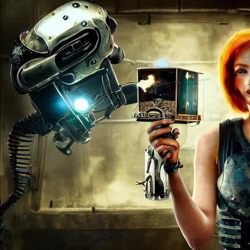 Image similar to a rusting female android holds a broken toaster in her arms, steampunk, android with gears and springs falling out, highly detailed robotic anatomy, high resolution film still, movie by Denis Villeneuve