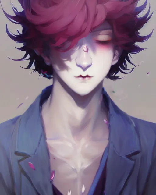 Image similar to extremely attractive soft feminine male jester anime character screenshot, nagito komaeda, anime, intricate, sharp focus, illustration, highly detailed, digital painting, cell shaded, concept art, matte, male art by ilya kuvshinov and kyoto animation and wlop, ruan jia and greg rutkowski, studio quality, masterpiece