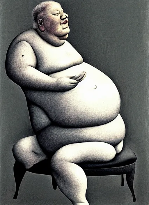 Image similar to fat man sitting on chair, sweat, fat, frustrated, art by gertrude abercrombie and hans bellmer and william blake