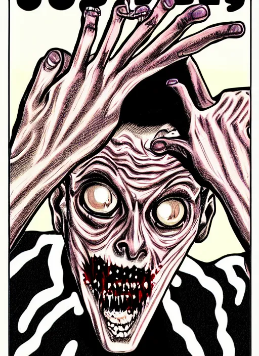 Prompt: glossy old advertising poster of a man turning into a zombie, busy street corner, horror, drawn comic by junji ito, pastels, gradient,