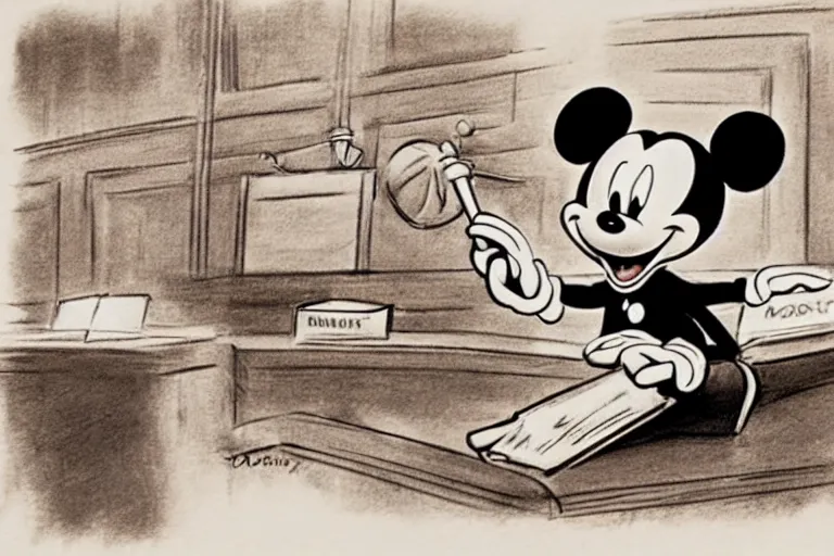 Prompt: courtroom sketch of vintage disney character mickey mouse presenting evidence of copyright infringement to the judge bench court room wooden serious dark tone