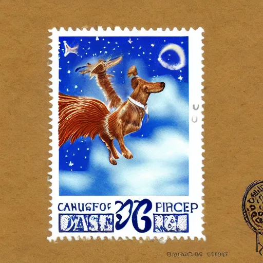 Image similar to sausage dog riding a griffon, through the clouds on a postage stamp, artistic rendering, 4 k high rez, abstract design, stary night sky