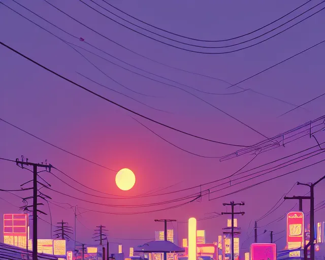 Image similar to tokyo suburb inspired by phillipe stark, art by mike winkelmann, golden hour, illustration, highly detailed, simple, smooth and clean vector curves, no jagged lines, vector art, smooth, artstation