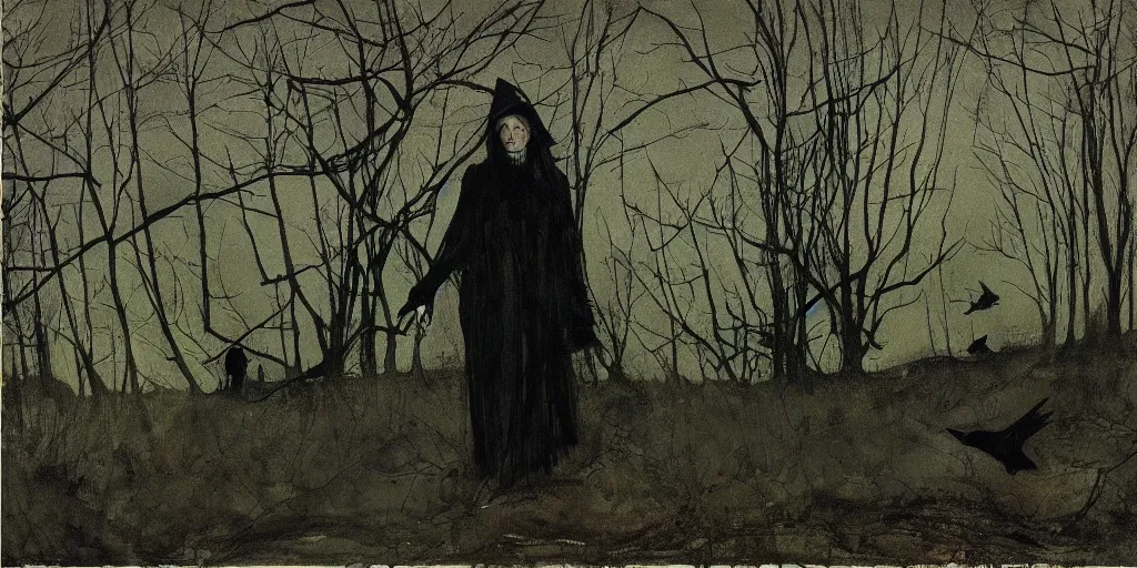 Prompt: the creepy witch with crows, out in the dark woods, a painting by Andrew Wyeth