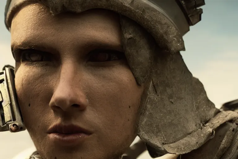 Image similar to VFX movie of a futuristic robot mercenary closeup portrait in war zone, natural lighting by Emmanuel Lubezki