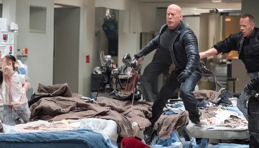 Prompt: big budget action movie about Bruce Willis destroying a children's hospital.