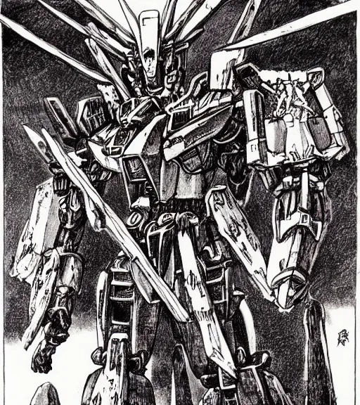 Image similar to a gundam made of bones as a d & d monster, pen - and - ink illustration, etching, by russ nicholson, david a trampier, larry elmore, 1 9 8 1, hq scan, intricate details, high contrast