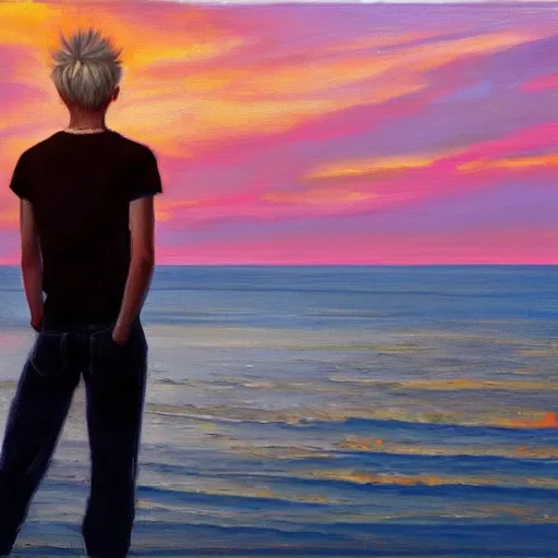 Prompt: a teen guy with a blonde mullet, portrait, sunset, ocean in distance, oil painting, pale colors, high detail, 8 k, wide angle, trending on artstation,