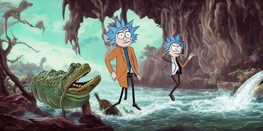 Prompt: rick sanchez from rick and morty falls into a river and gets eaten by a crocodile. official artwork as a beautiful oil painting