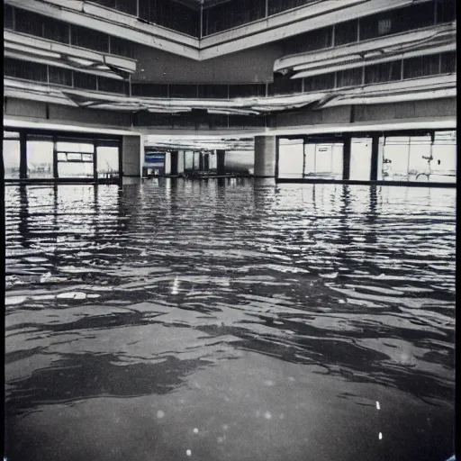 Prompt: wide angle, skewed perspective, abandoned mall, under water, distant lighting, psychedelic, at night, aquatic plants 🪴, shards of glass, polaroid 6 0 0