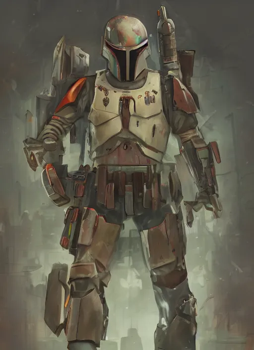 Image similar to cyberpunk heavy armor!! x boba fett, digital art, character mashup, epic volumetric lighting, combination art