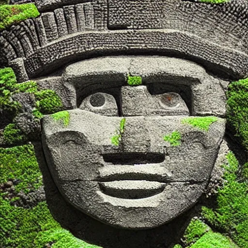 Prompt: 16-bit SNES style style pixel art of an imposing olmec head carved into a mossy stone wall with ornate incan patterns