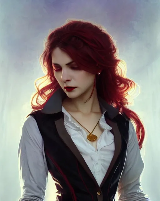Prompt: female vampire, perfect face, gold waistcoat, red shirt, long grey hair, red necktie, cinematic, stunning, highly detailed, digital painting, artstation, smooth, hard focus, full body shot, illustration, art by artgerm and greg rutkowski and alphonse mucha