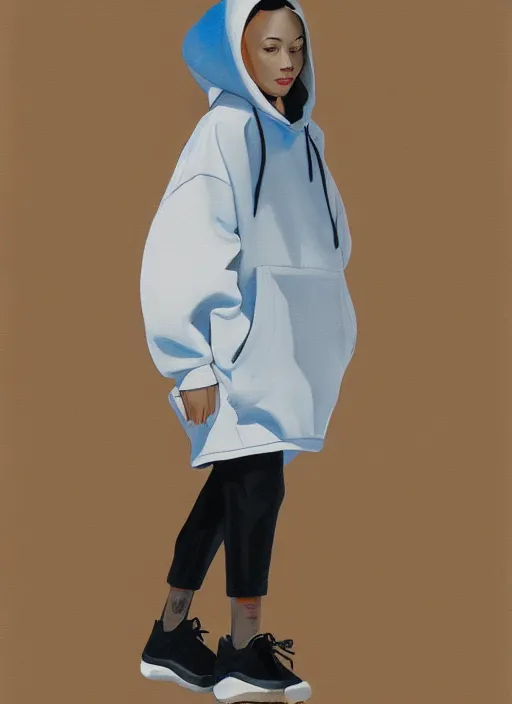 Image similar to a painting of a girl wearing a chloma designed hoddie anorak with skinny legs wearing yeezy 5 0 0