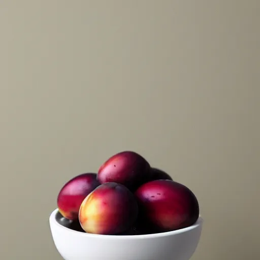 Image similar to a porcelain bowl filled with six large moist freshly picked plums. volumetric lighting. 4 k. small scale.