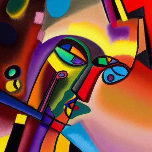 Image similar to painting of a face by Kandinsky with smooth gradients; background has random abstract art; 3d unreal engine, 4k 3d render