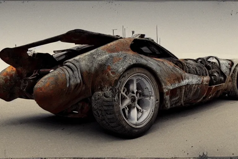 Image similar to rusty hypercar in mad max, painted by hector garrido and derek riggs, trending on artstation, volumetric lighting rear view profile picture, daguerreotype, still life, figurativism, socialist realism