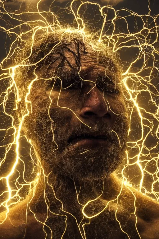 Image similar to high resolution photo of a humanlike creature bundled in electronic wires, overgrown, sparks, electricity, sun beams, rocks, devices, slime, tree roots, veins, lightning, big muscles, sweat, slime, troll, grown together, god rays, dark, skin, plastic wrap,