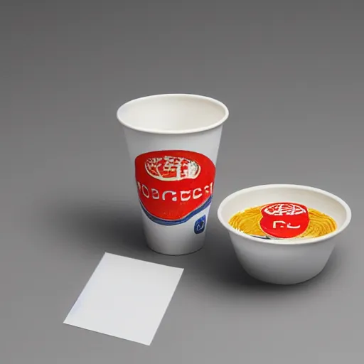 Image similar to cup ramen, packaging designed by robert rauschenberg