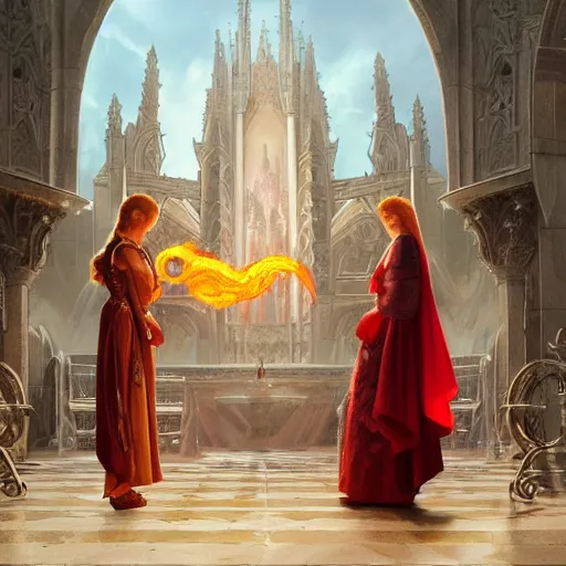 Prompt: an beautiful and detailed matte painting of a lesbian wedding between evil pyromancer and a red mage, unholy, white church background, god rays, detailed face, sharp focus, highly detailed, cinematic lighting, studio quality, colorful, smooth render, vector illustration, award winning, by artgerm, greg rutkowski, alphonse mucha