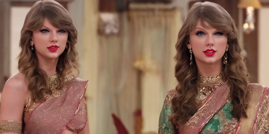 Image similar to Taylor Swift in a bollywood in Indian soap opera TV show, 8K UHD, cinematic, highly detailed