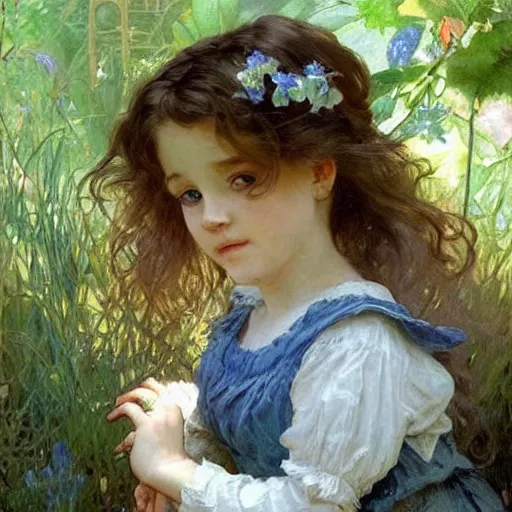 Prompt: a cute little girl with curly light brown hair and blue eyes in a garden, beautiful highly detailed face, stunning painting by beatrix potter and greg rutkowski and alphonse mucha