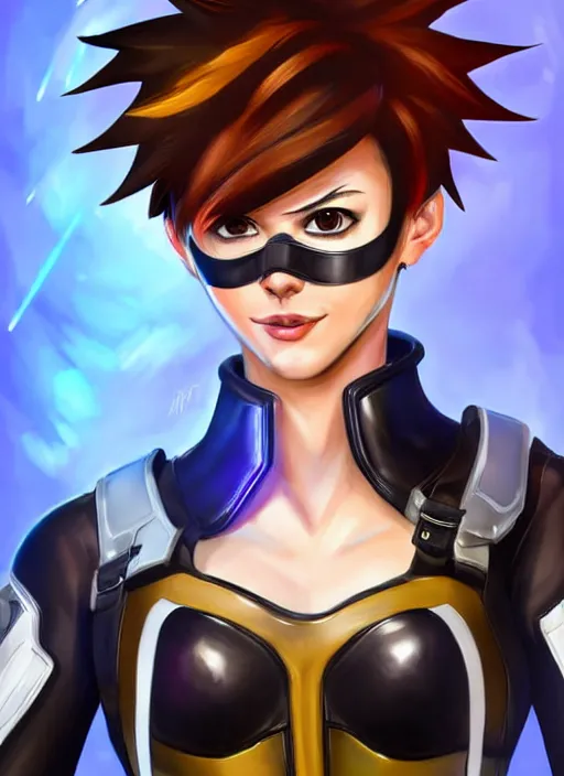 Image similar to full body digital artwork of tracer overwatch, wearing black iridescent rainbow latex, 4 k, expressive happy smug expression, makeup, in style of mark arian, wearing detailed black leather collar, wearing sleek armor, black leather harness, detailed face and eyes,