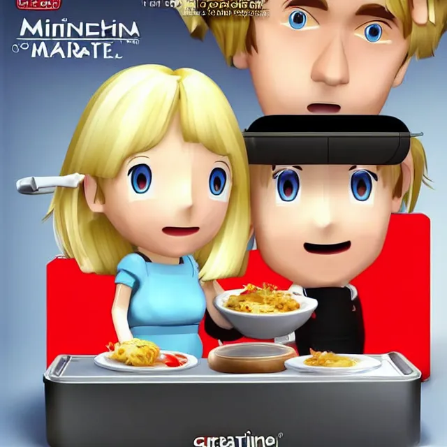 Image similar to videogame box art for the game'gratin maker 3 ds'( 2 0 0 5 ) showing a blonde female mii and a brunette male mii smiling in a kitchen with a gratin in front of them, low poly, cgi cartoon, detailed