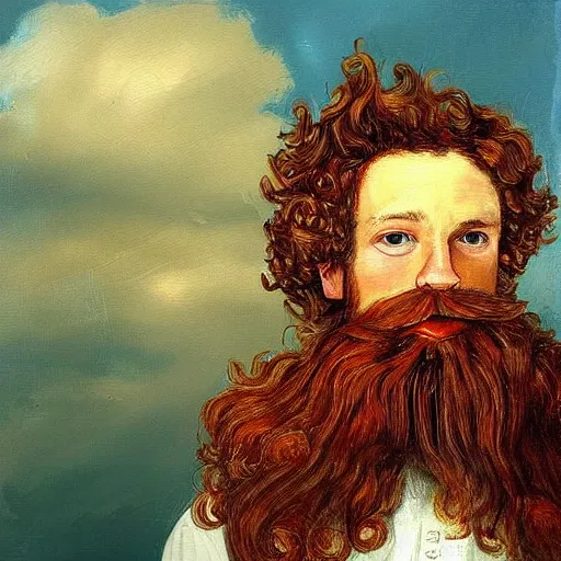 Prompt: “A painting of a typical dutch man with curly brown hairs and a red beard”