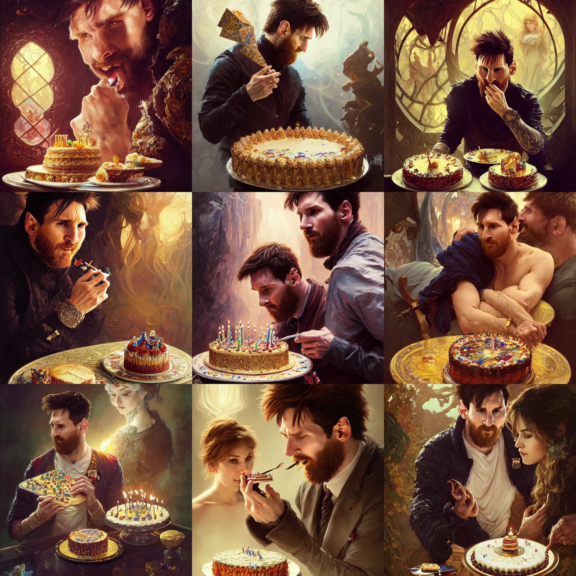 Lionel Messi eating his 35th birthday cake, D&D, | Stable Diffusion ...