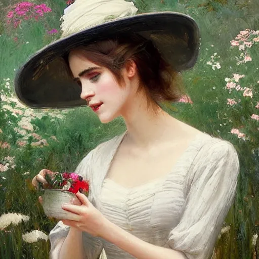 Image similar to closed eyesthick paint brush strokes full body fashion model emma watson by Jeremy Lipking by Hasui Kawase by Richard Schmid (((smokey eyes makeup eye shadow fantasy, glow, shimmer as victorian woman in a long white frilly lace dress and a large white hat having tea in a sunroom filled with flowers, roses and lush fern flowers ,intricate, night, highly detailed, dramatic lighting))) , high quality