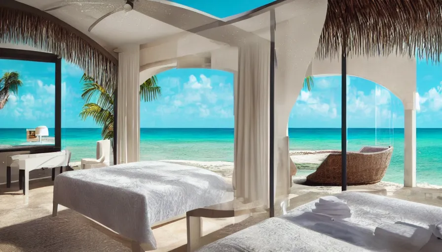 Prompt: A vintage magazine architecture photo of a bedroom in san pedro belize, Mediterranean architecture, refracted lines and sparkles, beach and tropical vegetation on the background, hyperrealistic 8k uhd, award-winning,
