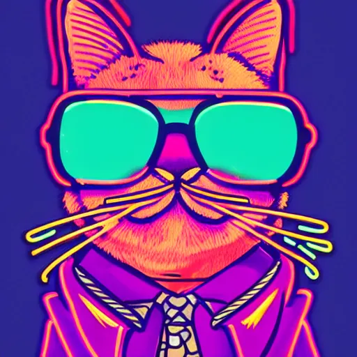 Prompt: neon mcbess illustration colorful vibrant, cool cat with sunglasses