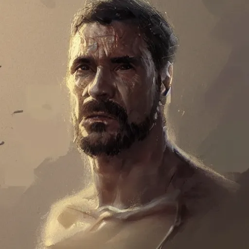 Image similar to Portrait of a man by Greg Rutkowski, he is about 40 years old, southern slav features, messy brown short hair, strong and tall, tired expression, he is a black tank top, highly detailed portrait, digital painting, artstation, concept art, smooth, sharp foccus ilustration, Artstation HQ.