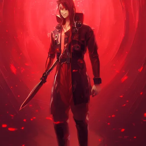 Prompt: a man in a red outfit holding a sword, cyberpunk art by torii kiyomitsu, cgsociety, fantasy art, redshift, rich color palette, anime aesthetic