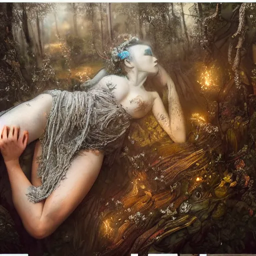 Image similar to full body pose, hyperrealistic mixed media painting of beautiful wood nymph, dim volumetric lighting, 8 k, octane beautifully detailed render, extremely hyper detailed, intricate, epic composition, cinematic lighting, masterpiece, trending on artstation, very very detailed, masterpiece, stunning, hdr, smooth, sharp focus, high resolution, award, winning photo, dslr, 5 0 mm