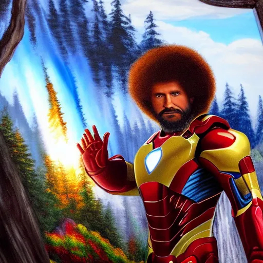 Image similar to a closeup photorealistic photograph of bob ross diligently completing a canvas painting with iron man on the canvas. mountains and trees. film still. brightly lit scene. this 4 k hd image is trending on artstation, featured on behance, well - rendered, extra crisp, features intricate detail, epic composition and the style of unreal engine.