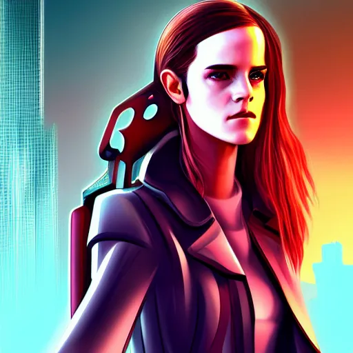 Image similar to cyberpunk emma watson as the leader of a futuristic communist nation, cybernetics, sharp lines, digital, artstation, colored in